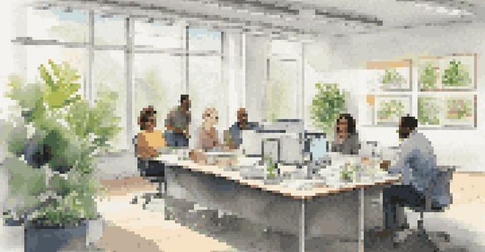 A leader in an office setting engaging happily with a diverse group of employees, surrounded by natural light and greenery.