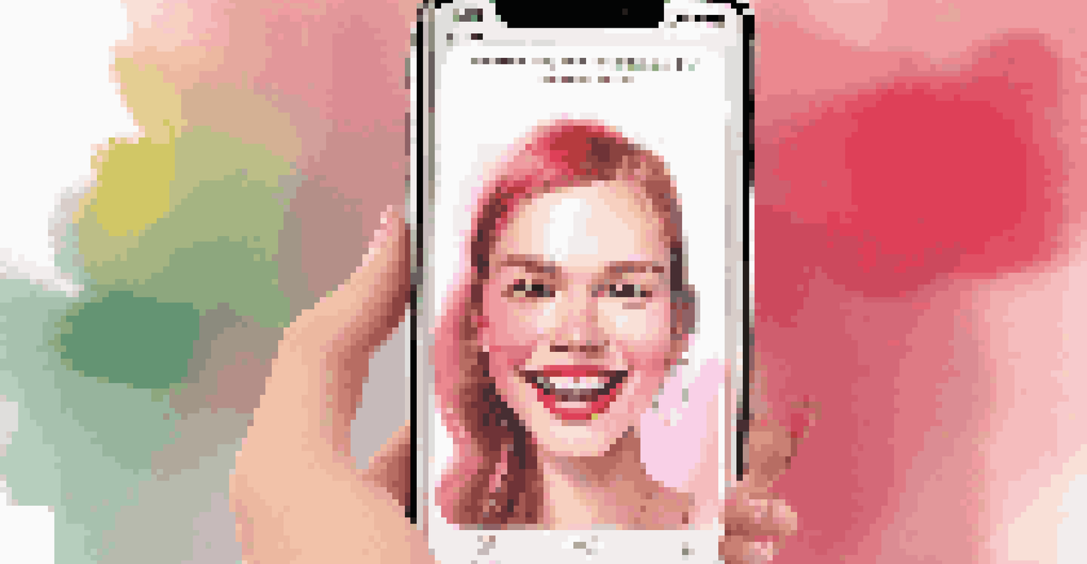 A smartphone screen showcasing a virtual lipstick try-on feature with a smiling user.