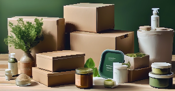 A detailed view of eco-friendly packaging materials including biodegradable boxes and reusable containers arranged on a wooden surface.