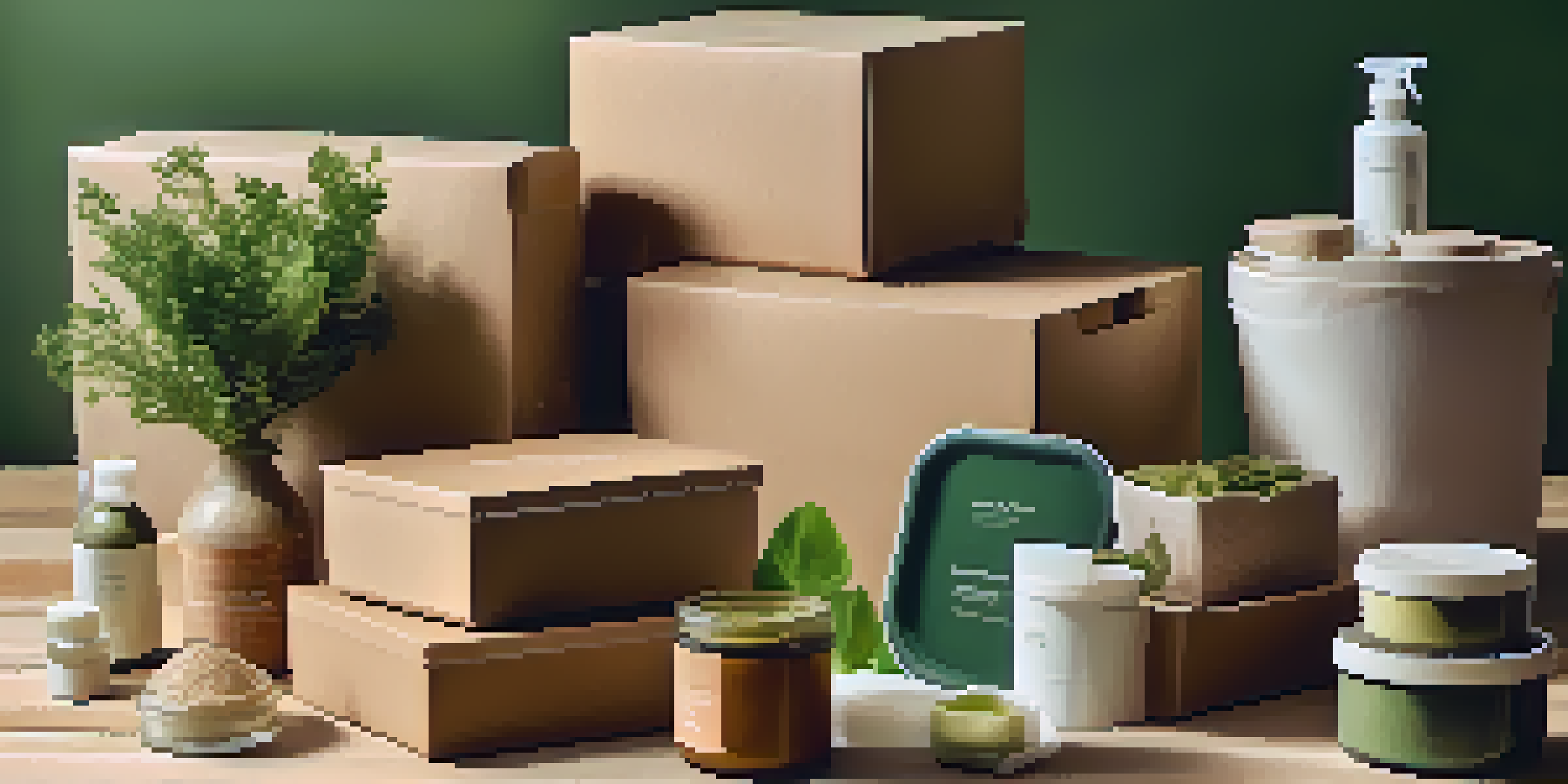A detailed view of eco-friendly packaging materials including biodegradable boxes and reusable containers arranged on a wooden surface.