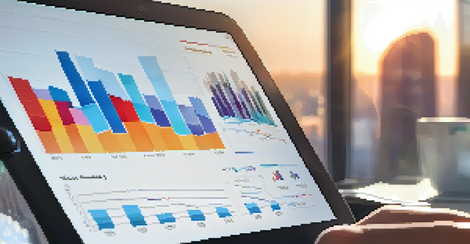 A business professional looking at revenue growth metrics on a tablet in a modern office with a city skyline view during sunset.