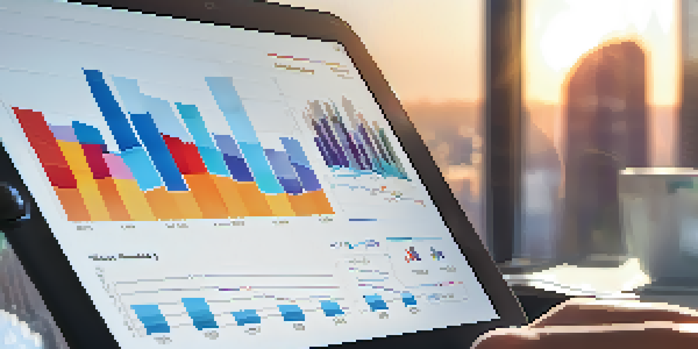 A business professional looking at revenue growth metrics on a tablet in a modern office with a city skyline view during sunset.