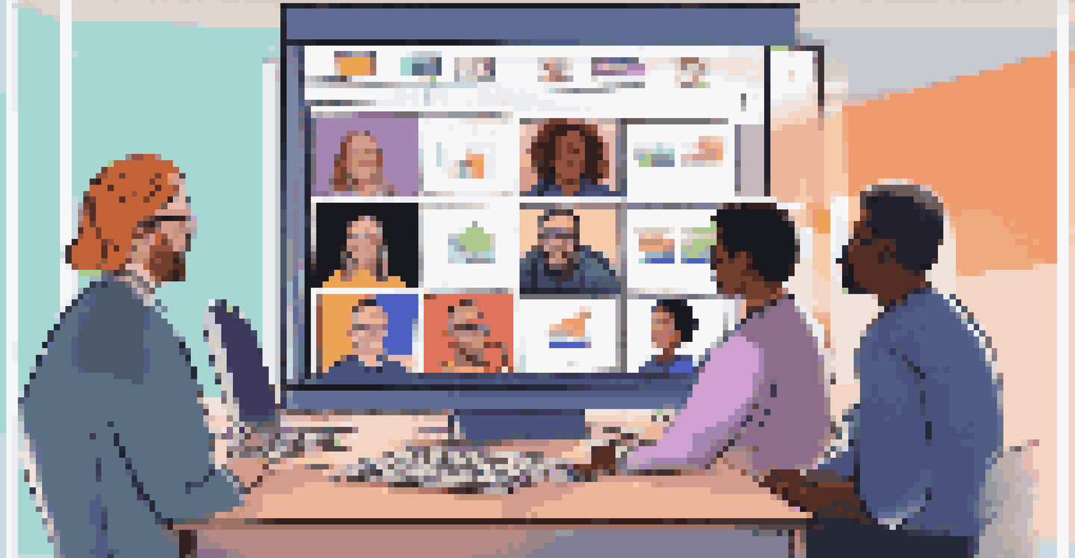 A computer screen showing a virtual team meeting with multiple engaged participants and home office settings in the background.