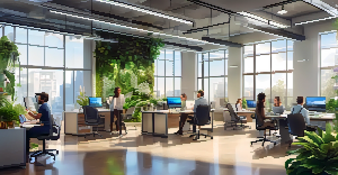 A diverse group of employees in a modern office engaging with a digital chatbot on their screens, with natural light and plants in the background.