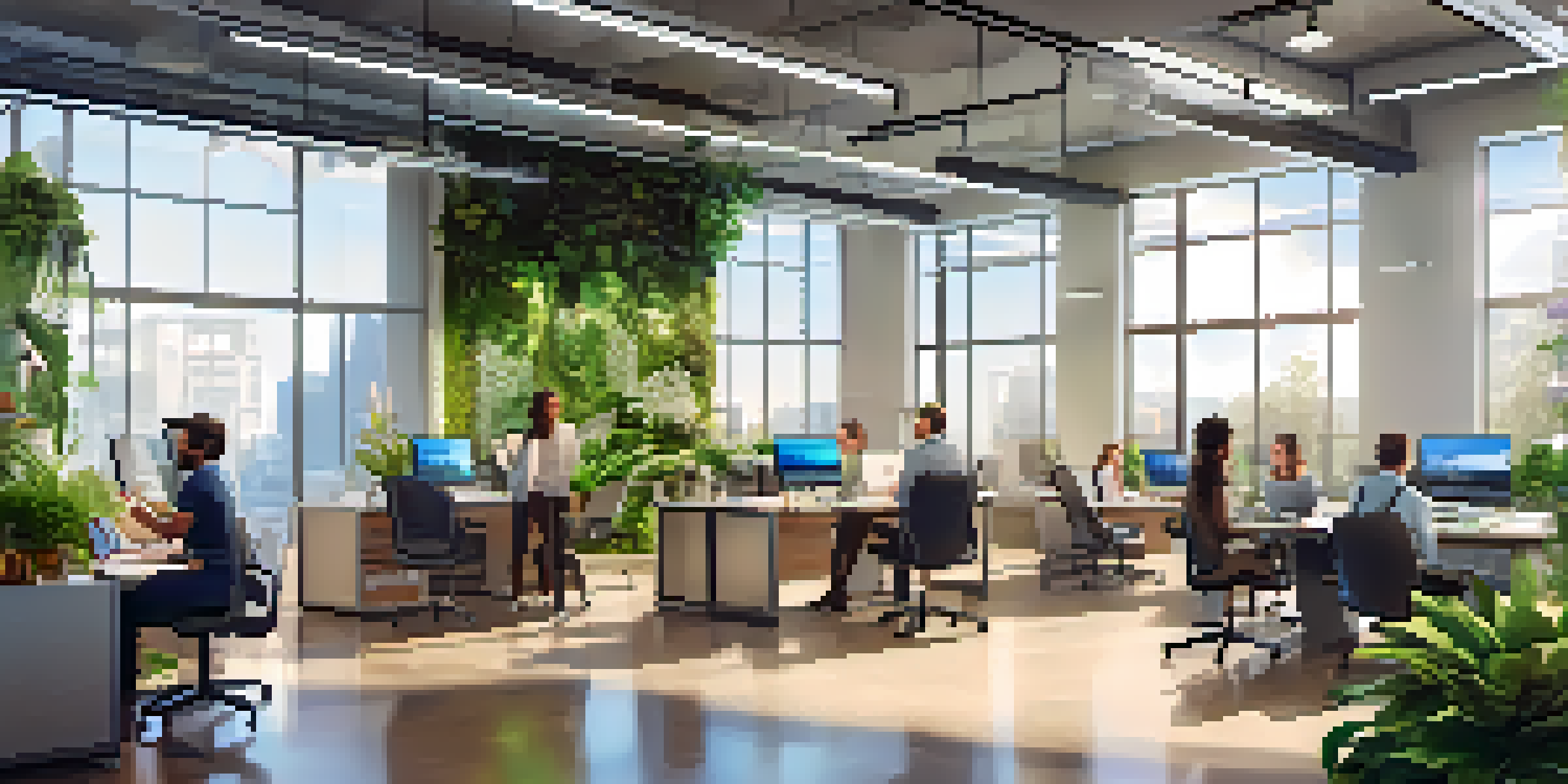 A diverse group of employees in a modern office engaging with a digital chatbot on their screens, with natural light and plants in the background.