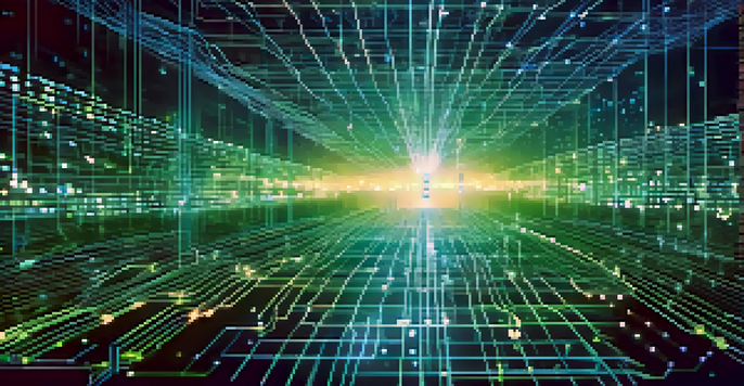 A detailed illustration of a blockchain network with glowing nodes and data packets, set against a digital landscape with binary code.