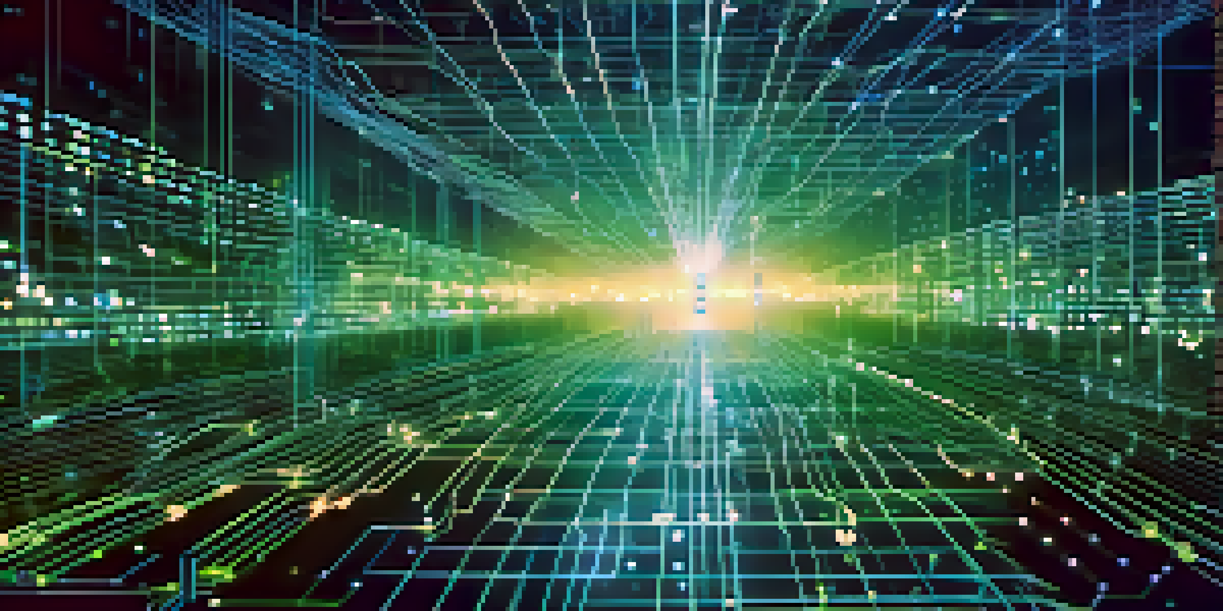A detailed illustration of a blockchain network with glowing nodes and data packets, set against a digital landscape with binary code.