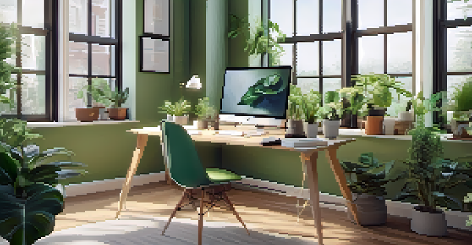 A modern office workspace with a desk, computer, plants, and a coffee cup under natural light from a large window.