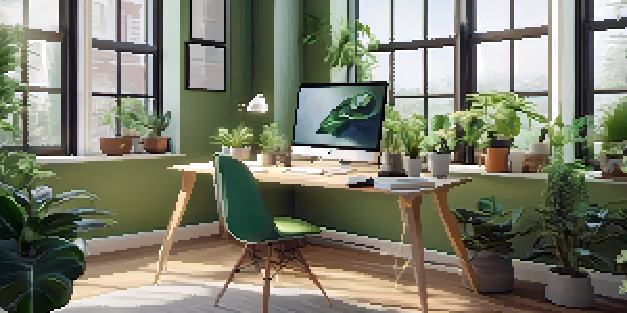 A modern office workspace with a desk, computer, plants, and a coffee cup under natural light from a large window.
