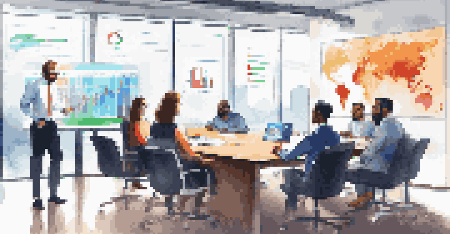 A diverse team in a conference room discussing financial data displayed on a screen.