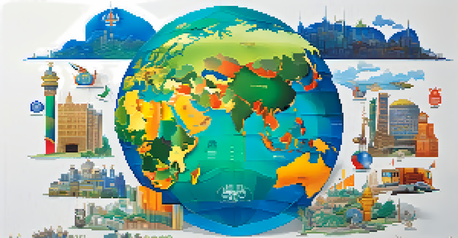 A colorful global map composed of cultural symbols representing diversity and innovation in the workplace.