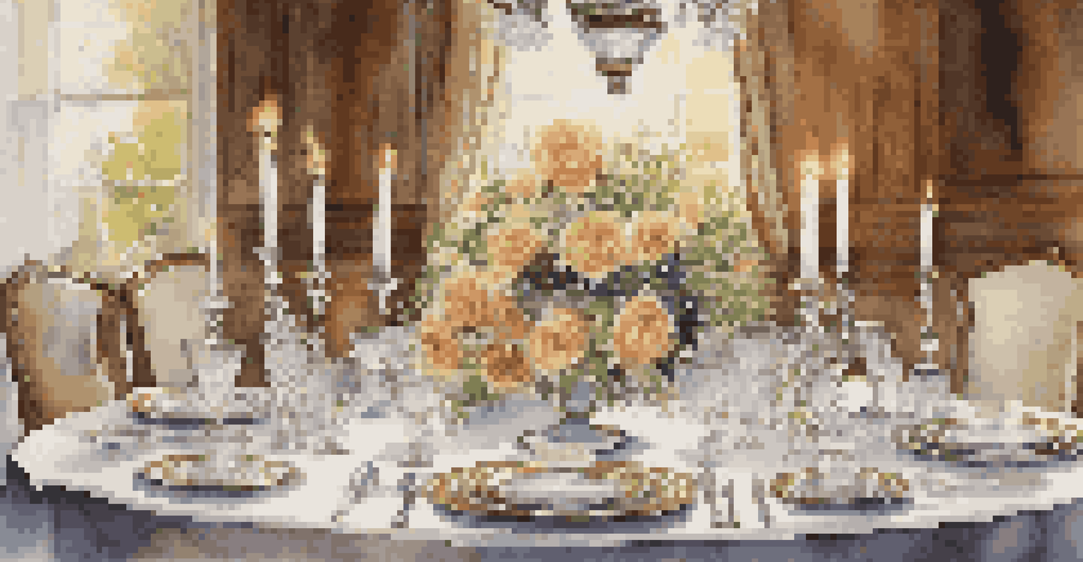 A beautifully set dining table with fine china and candlelight ambiance.