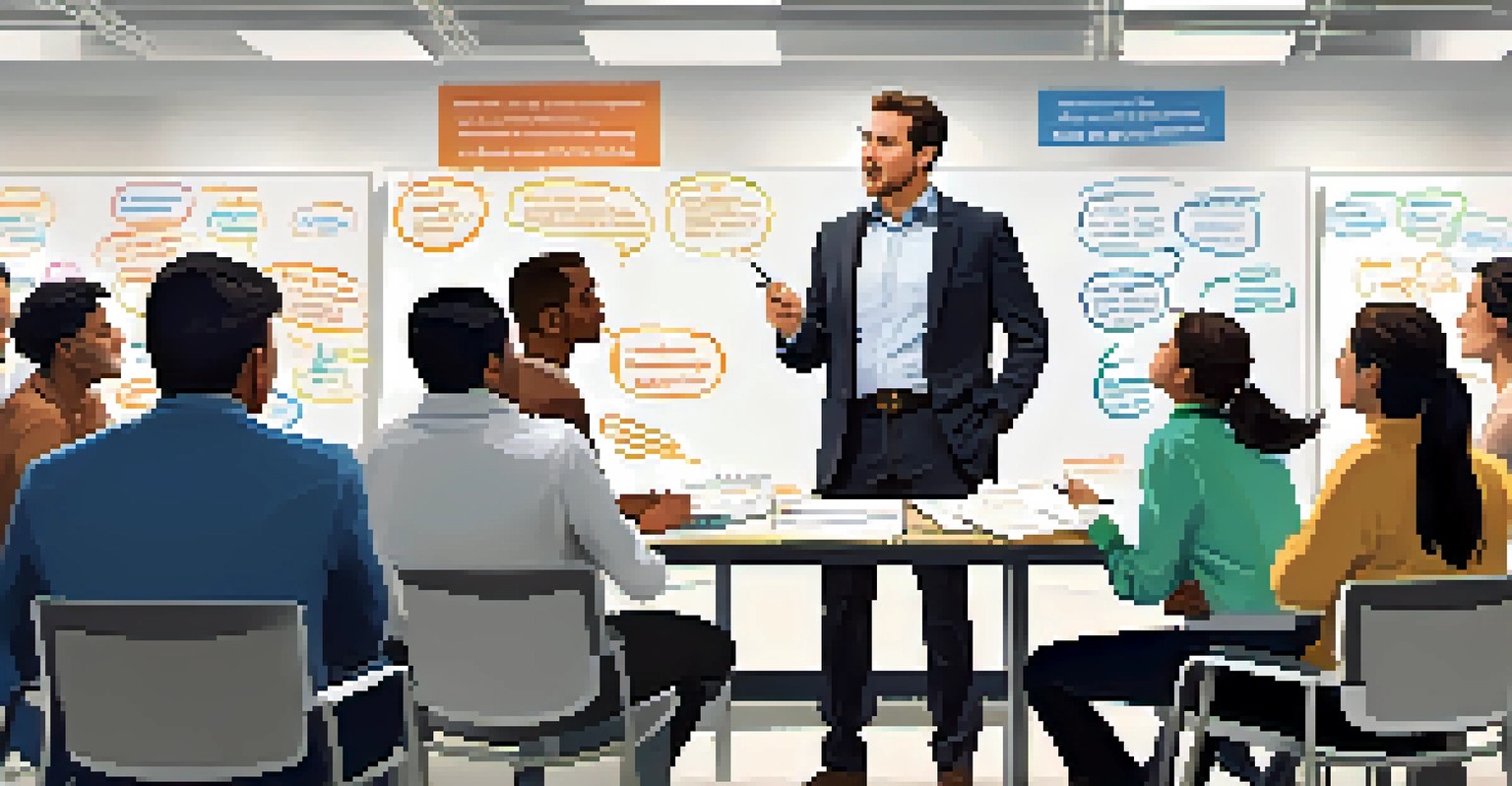 An inspiring leader interacting with employees during a brainstorming session in a positive office environment.