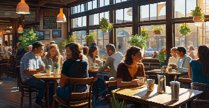 A lively coffee shop filled with diverse patrons enjoying their drinks and conversing, illuminated by sunlight streaming through large windows.