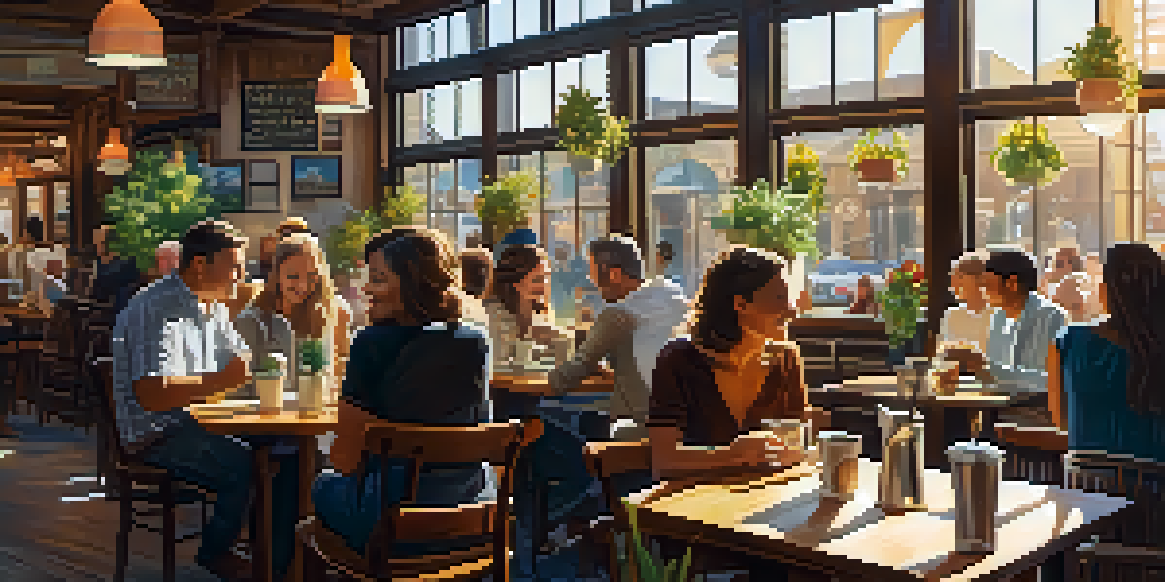 A lively coffee shop filled with diverse patrons enjoying their drinks and conversing, illuminated by sunlight streaming through large windows.