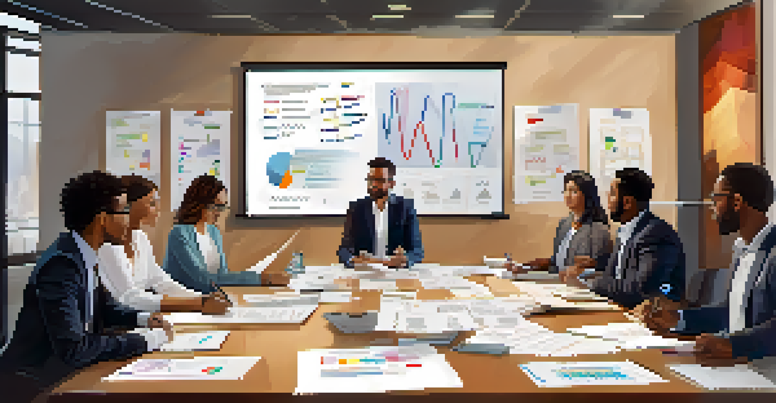 A diverse group of employees participating in a tabletop exercise for Business Continuity Planning, with charts and documents around them.