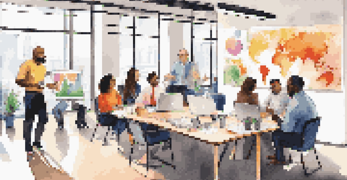 A diverse group of marketing team members gathered in a bright office, engaged in discussion with laptops and charts around them.