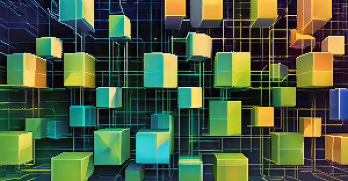 A colorful digital illustration of a blockchain network with interconnected blocks, patterns, and codes, set against a gradient background.