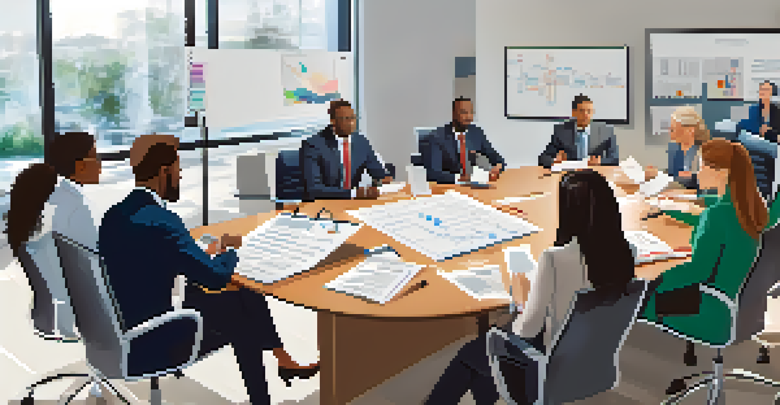 A group of diverse professionals discussing a crisis communication plan at a conference table, surrounded by documents and technology.