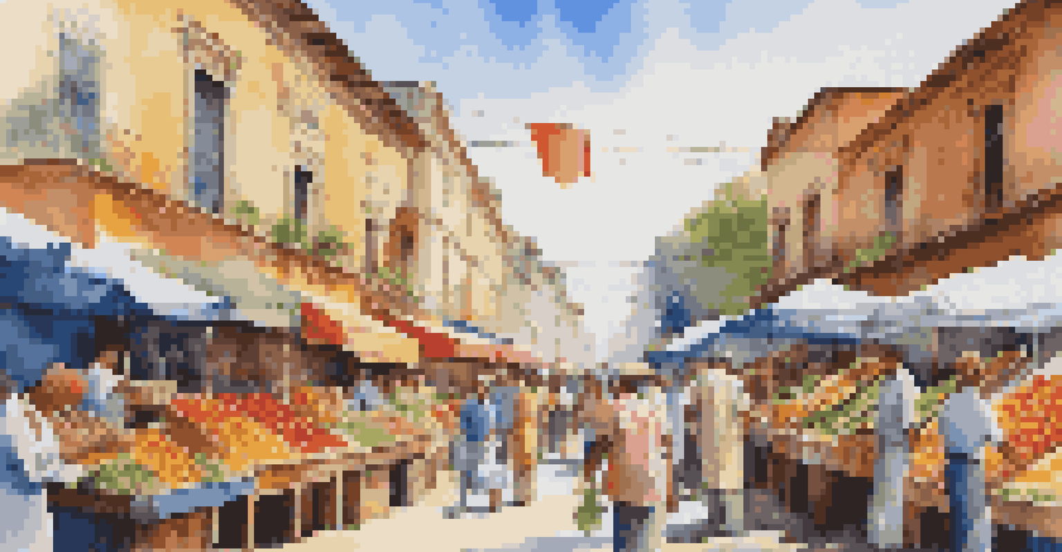 A bustling street market filled with colorful stalls and a lively crowd.