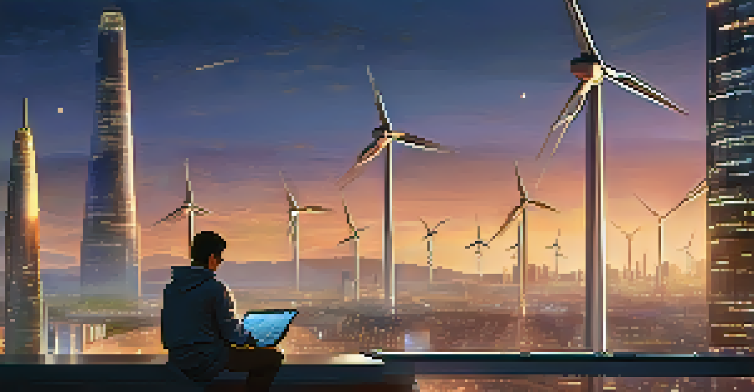 A young inventor sketches ideas with a futuristic city skyline in the background at dusk.