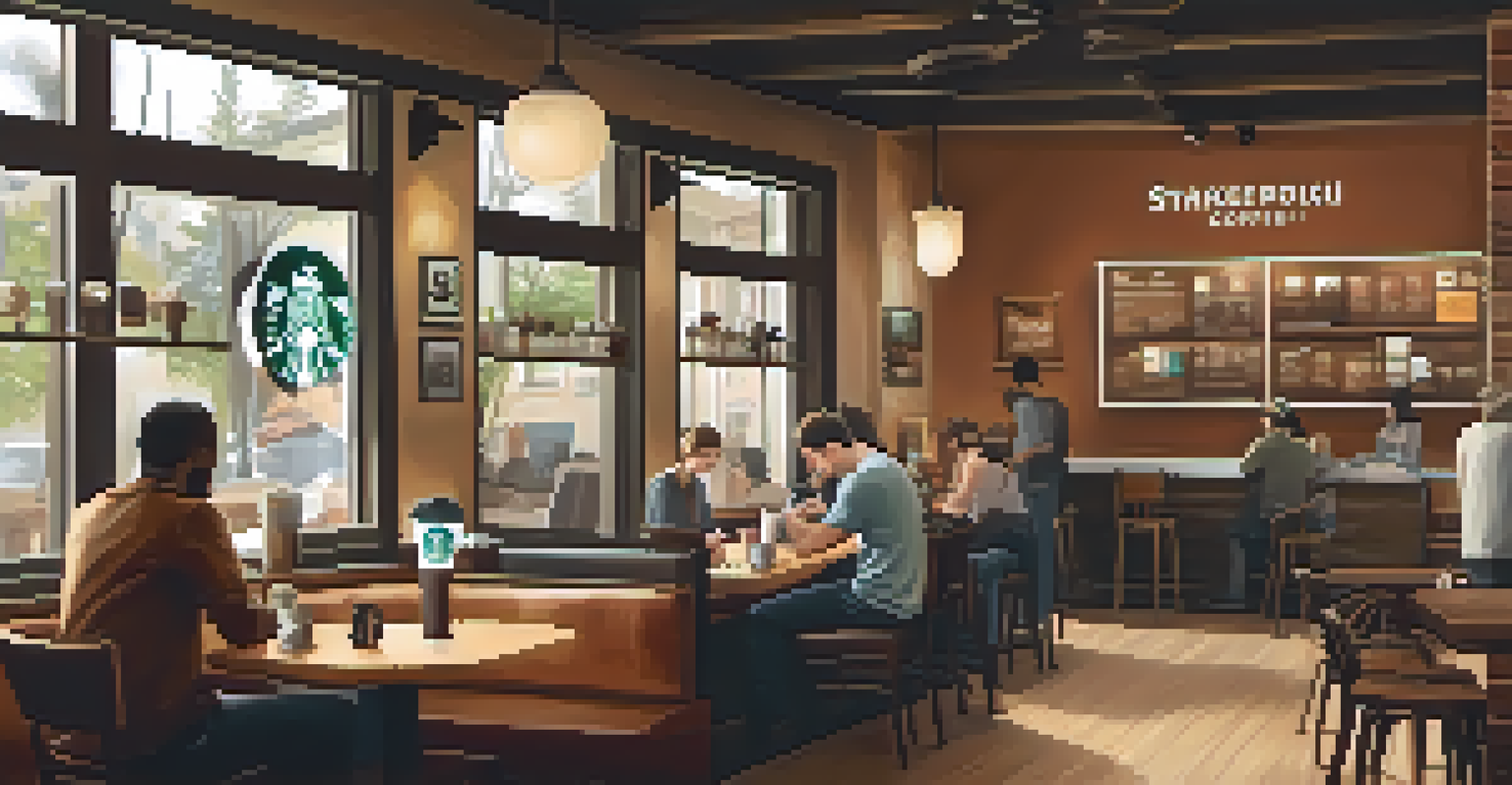 A Starbucks coffee shop with a barista using a tablet, surrounded by customers enjoying their coffee in a warm and cozy environment.