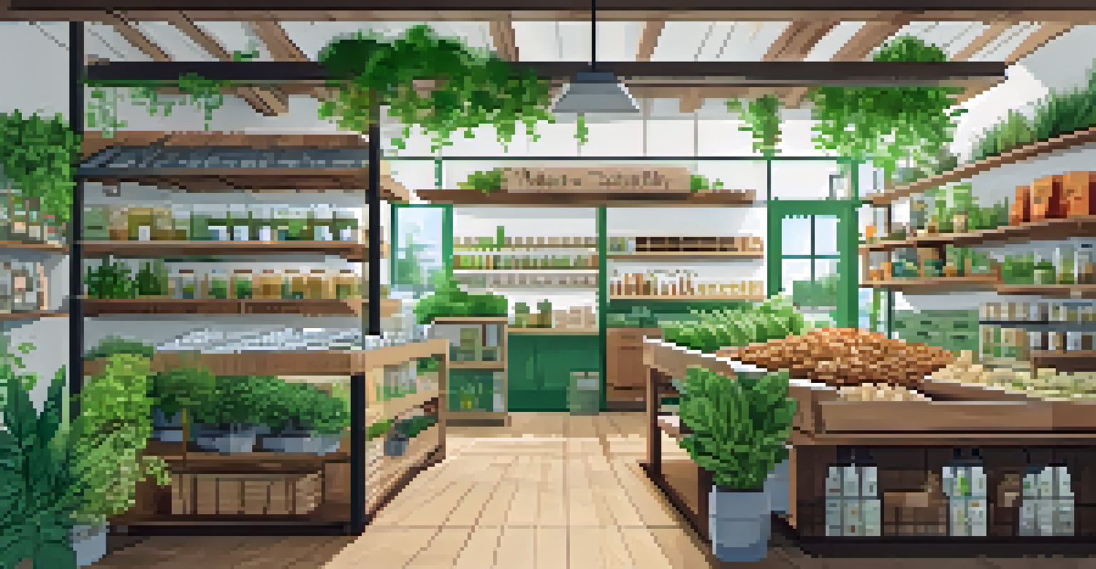 An interior view of an eco-friendly shop filled with sustainable products, illuminated by natural light, with green plants and a chalkboard sign promoting sustainability.