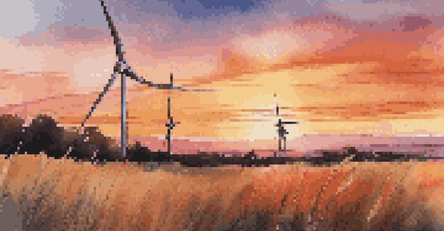 A wind turbine silhouetted against a colorful sunset, with swaying grasses in the foreground.