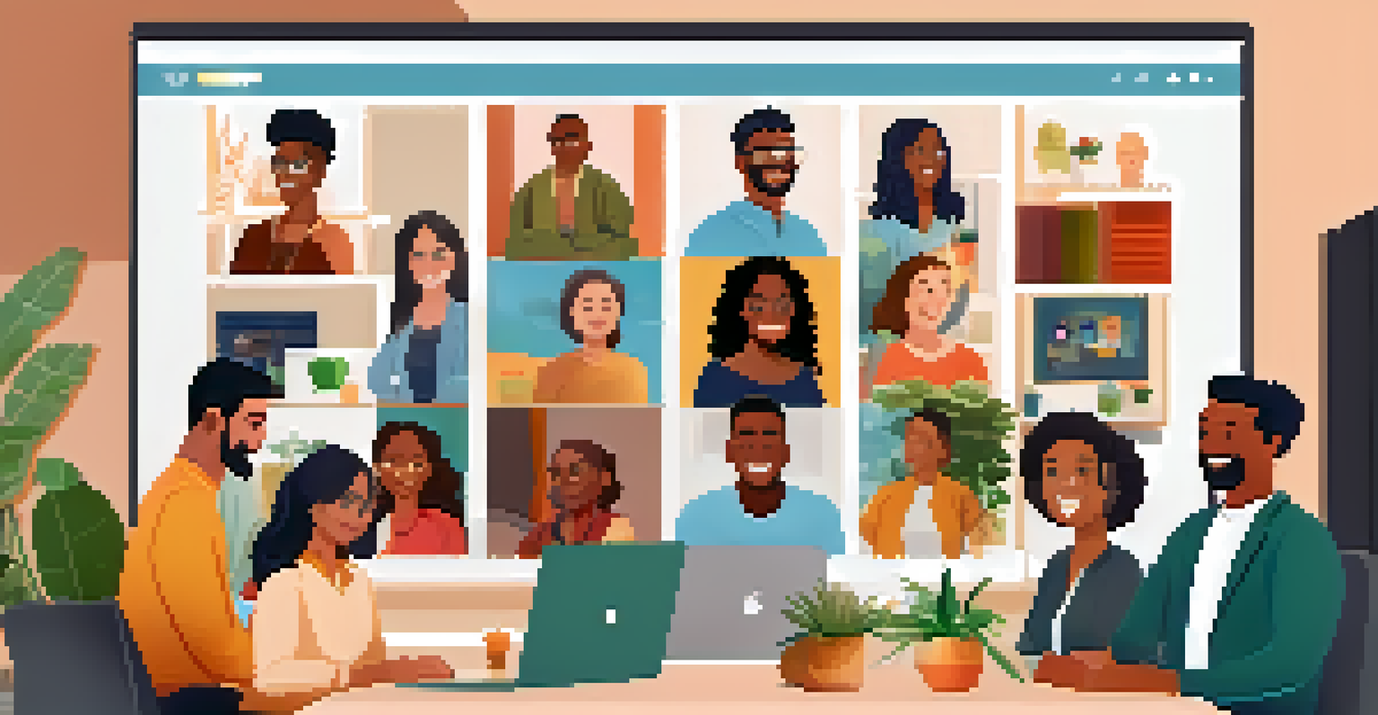 A diverse group of employees participating in a virtual team meeting via video call.