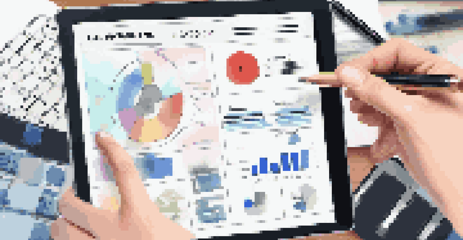 A close-up of a hand holding a digital tablet displaying a survey, with office supplies in the background.