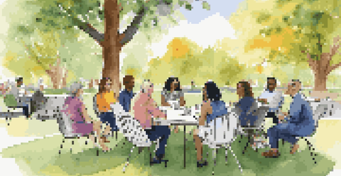 A diverse group of stakeholders having a meeting outdoors around a round table in a park, surrounded by greenery and flowers.