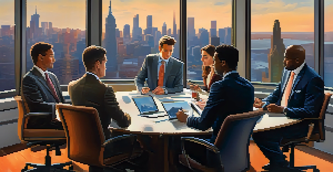 A diverse group of business professionals engaged in discussion around a conference table with cultural artifacts and a city skyline visible through the window.