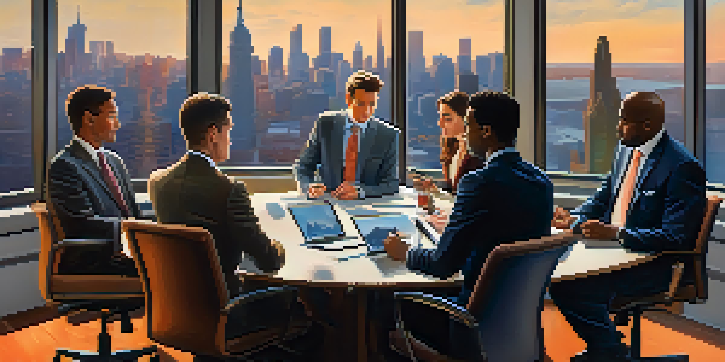 A diverse group of business professionals engaged in discussion around a conference table with cultural artifacts and a city skyline visible through the window.