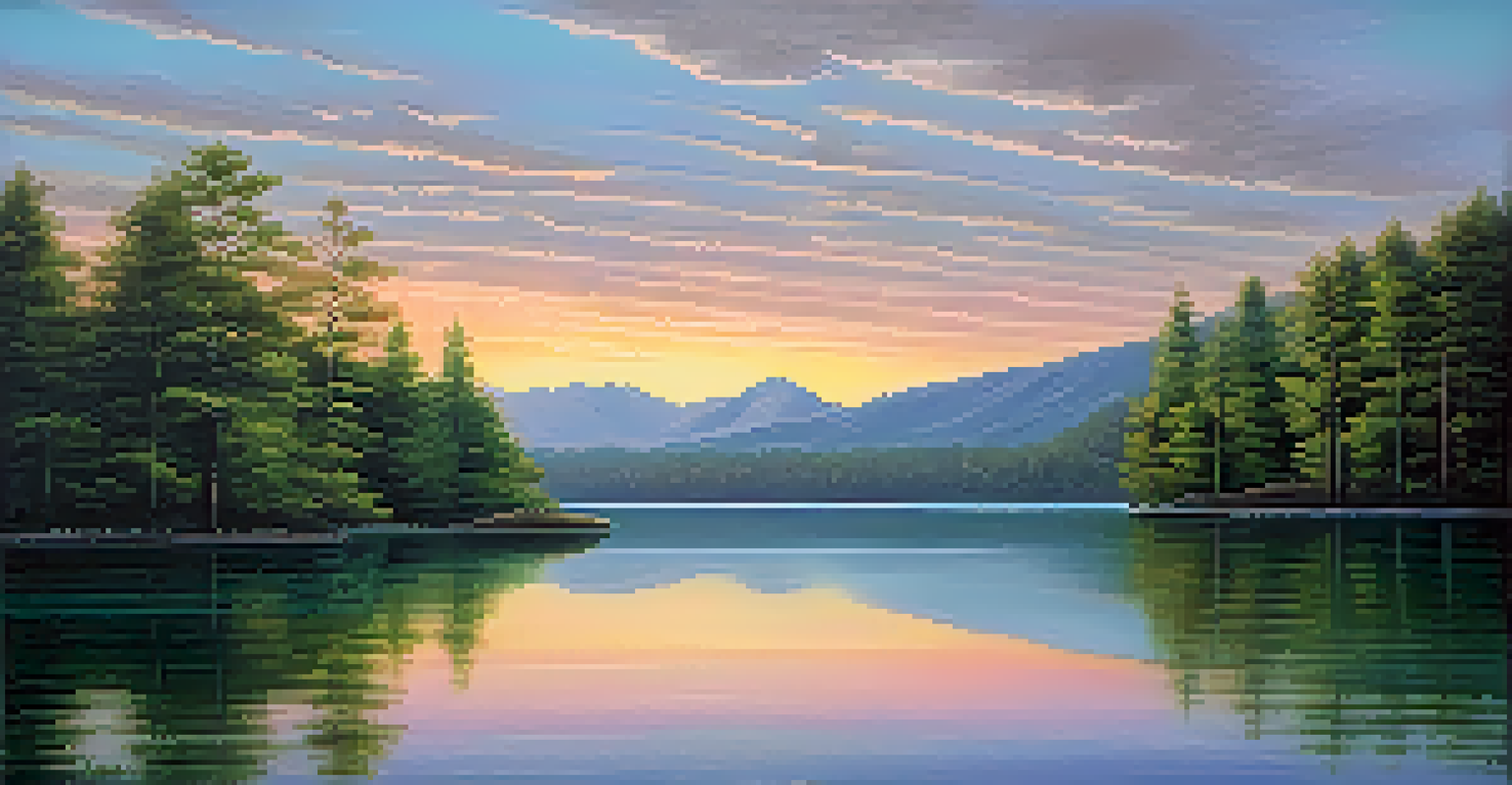 A tranquil lake surrounded by forests and mountains, reflecting the soft colors of dawn.