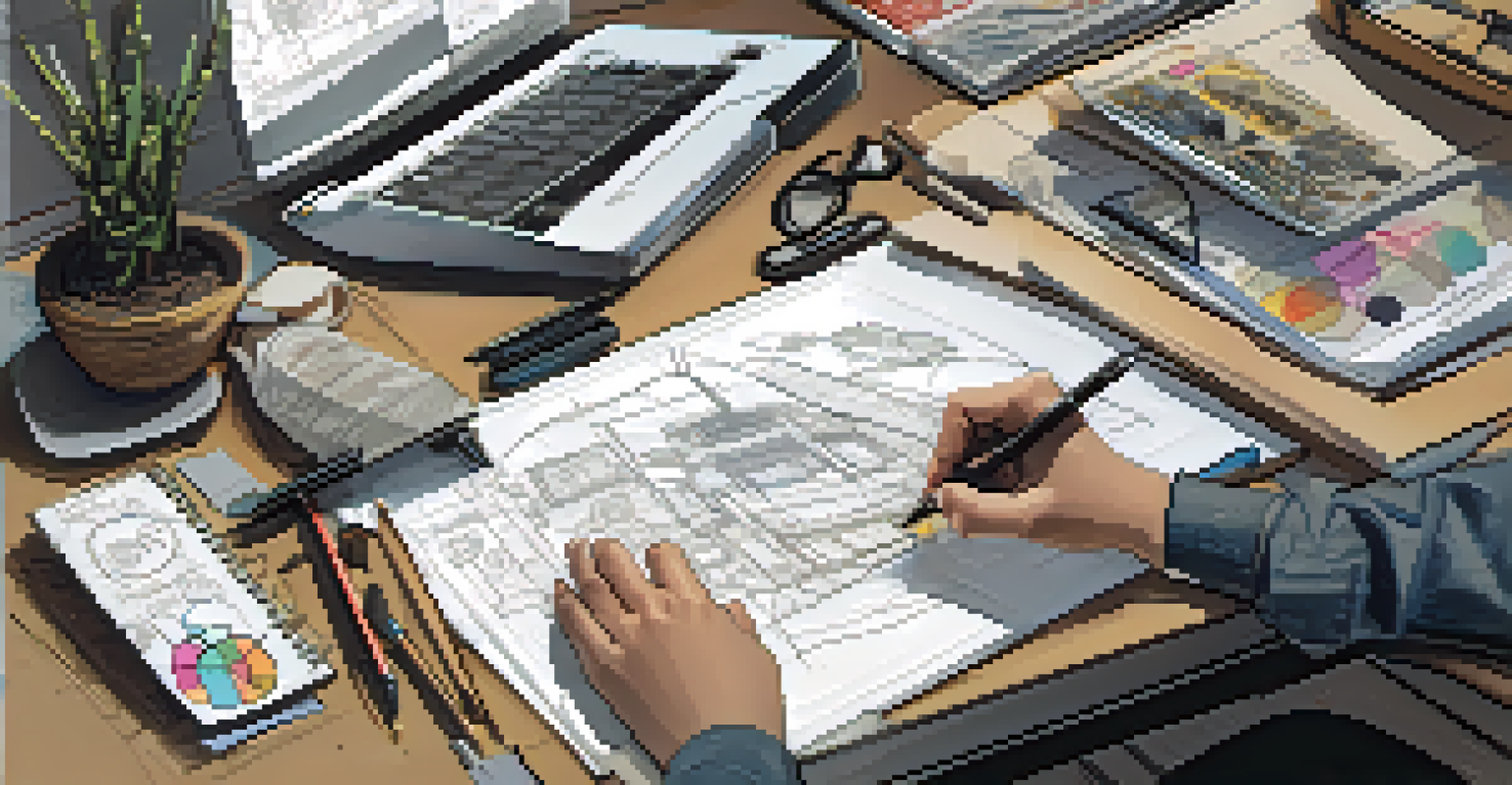 Close-up of hands sketching a product concept on a notepad, surrounded by design tools and sketches.