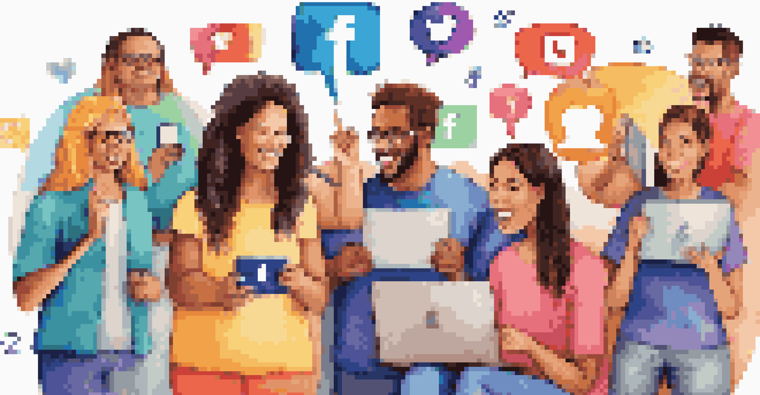 A diverse group of people actively engaging on social media, with positive comments and platform icons in the background.