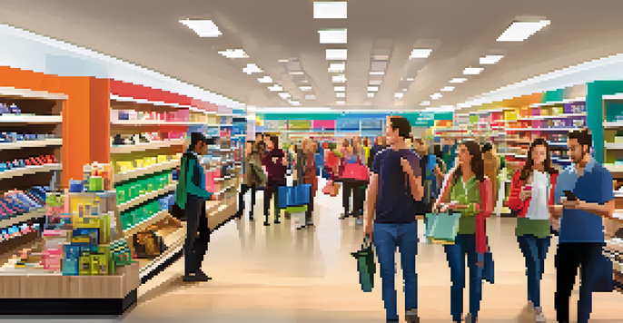 A busy retail store with shoppers using smartphones, showcasing colorful product displays and bright lighting.