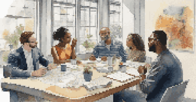A diverse group of individuals in a modern office discussing ideas around a table, with natural light streaming in and colorful artwork on the walls.