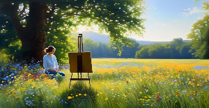 A painter in a meadow surrounded by wildflowers, capturing the landscape on a canvas under soft sunlight.