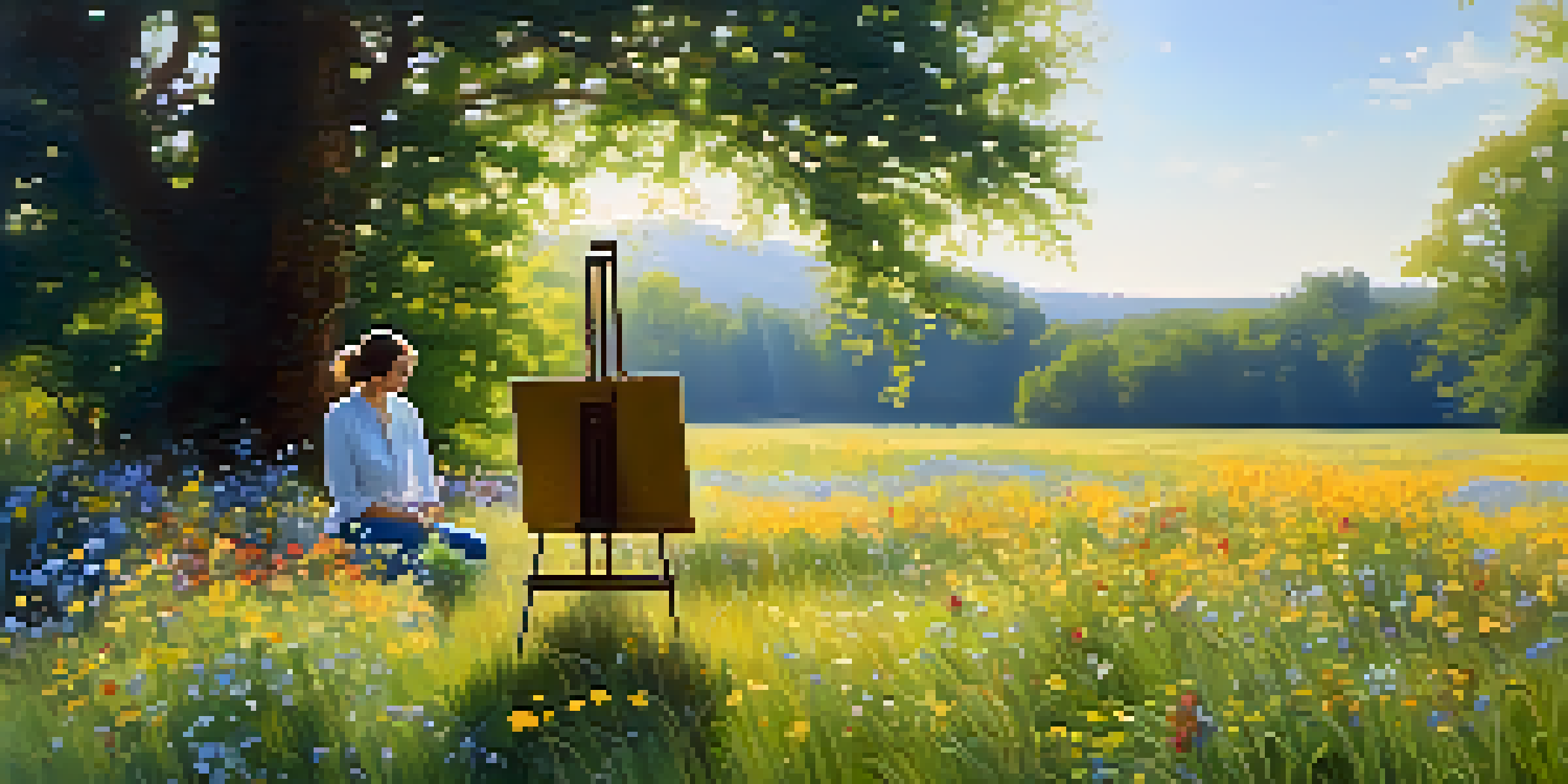 A painter in a meadow surrounded by wildflowers, capturing the landscape on a canvas under soft sunlight.