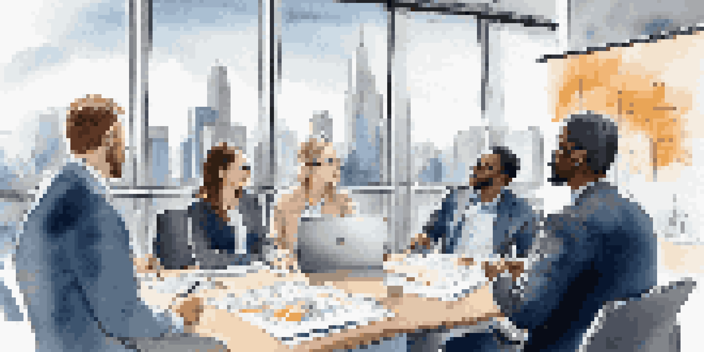 A diverse group of professionals in a modern office discussing strategies with one person holding a tablet.
