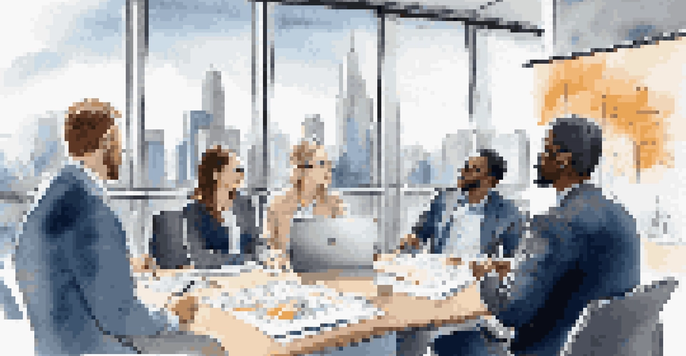 A diverse group of professionals in a modern office discussing strategies with one person holding a tablet.