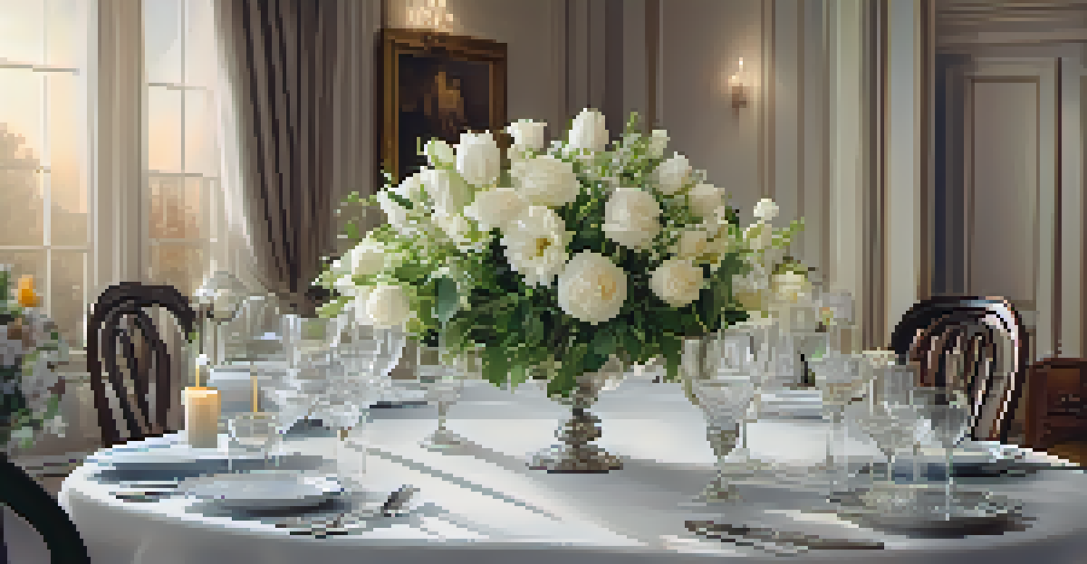 A beautifully set dining table for a formal dinner with candles and flowers.