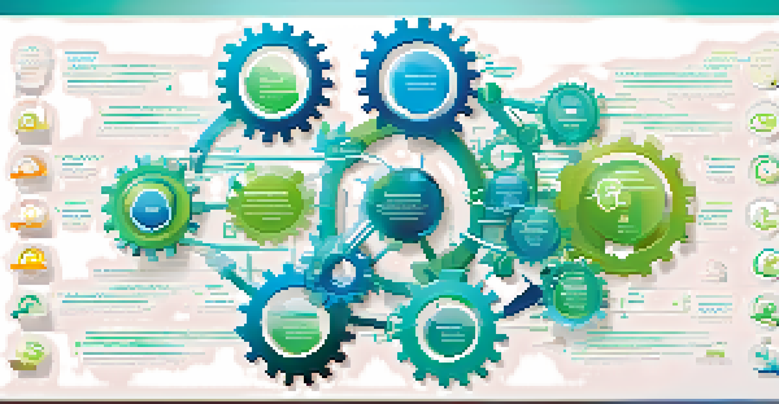 An infographic illustration showcasing business process optimization with gears, flowcharts, and arrows, set against a gradient blue and green background.