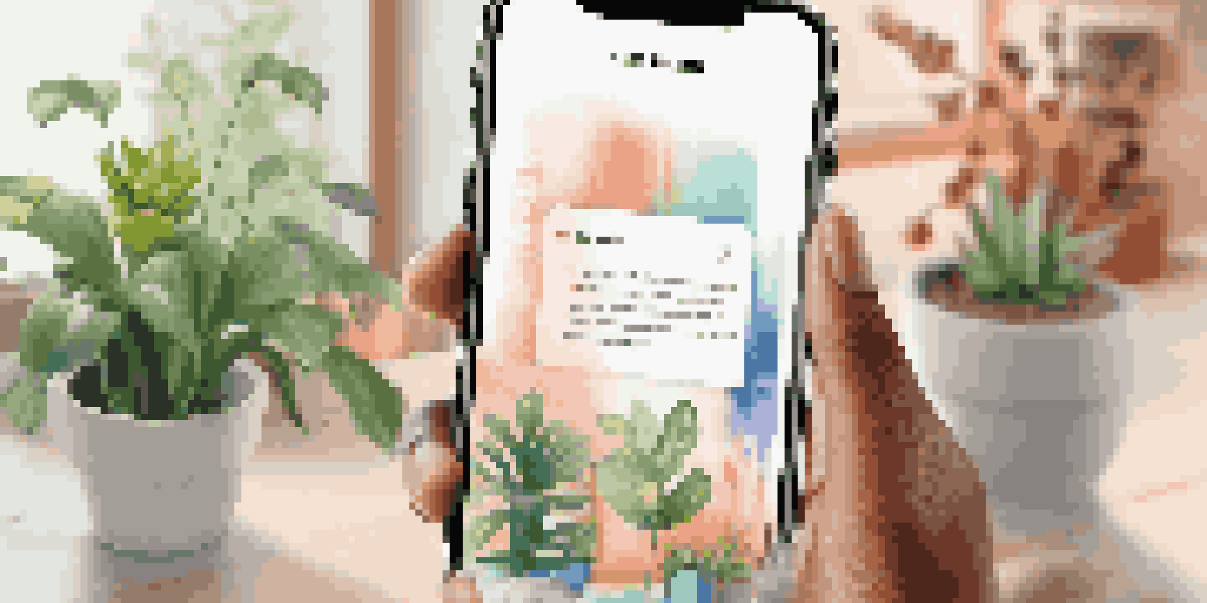 A smartphone displaying a colorful social media post in a cozy workspace with plants and soft lighting.