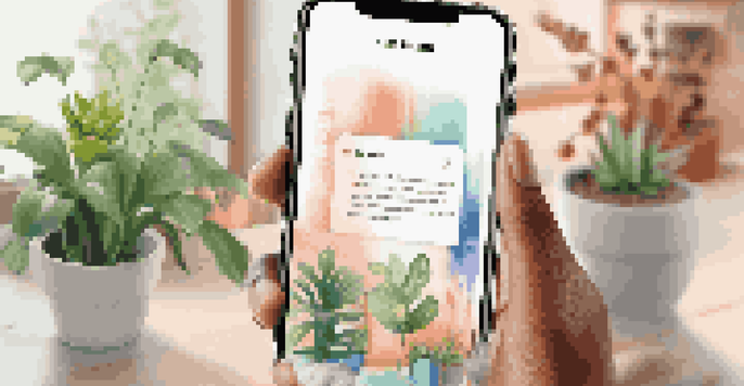 A smartphone displaying a colorful social media post in a cozy workspace with plants and soft lighting.