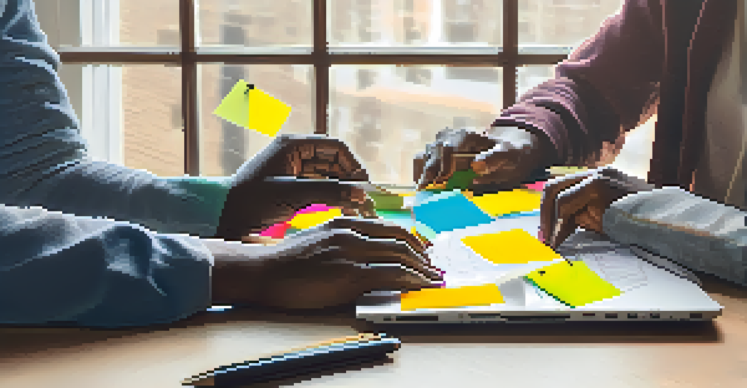 A close-up of diverse hands collaborating on a laptop, showcasing teamwork and creativity in an office setting.