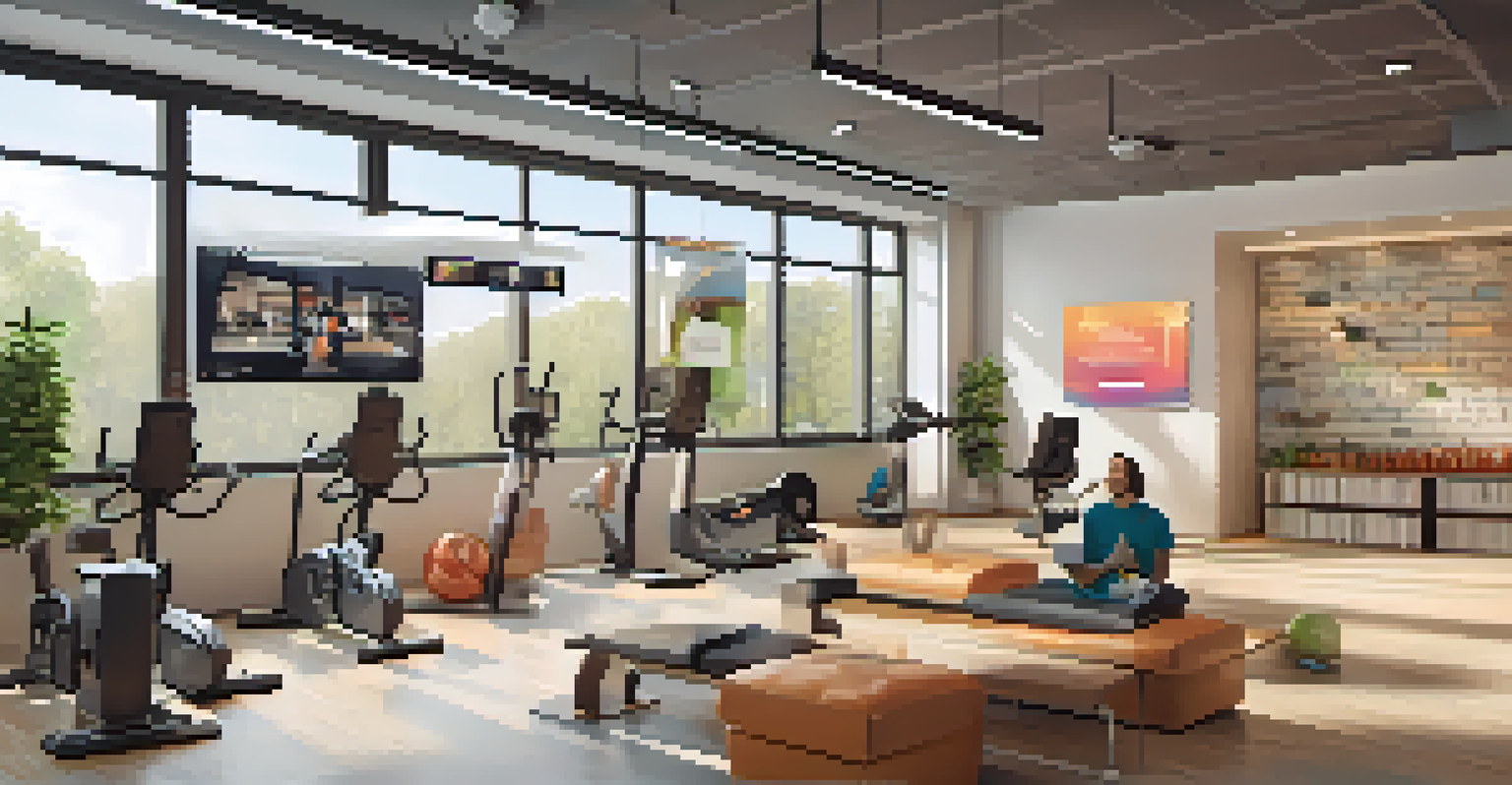 An office break area with a small gym section, where employees enjoy lunch and view fitness motivation on a screen.