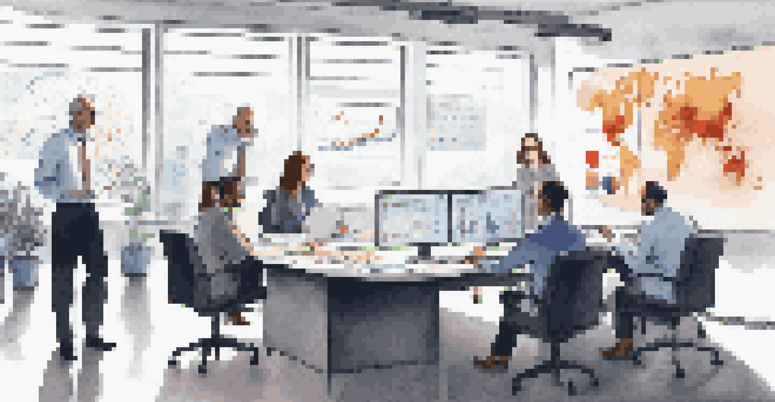 A diverse team of professionals in an office discussing a risk matrix displayed on a screen, illustrating collaboration in risk assessment.