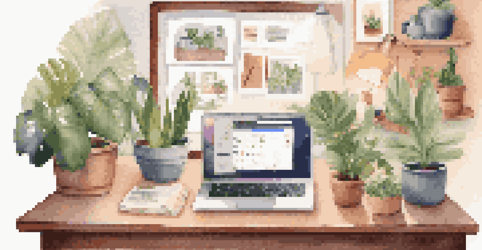 A cozy home office with a laptop displaying communication tools like Slack and Zoom, surrounded by houseplants.